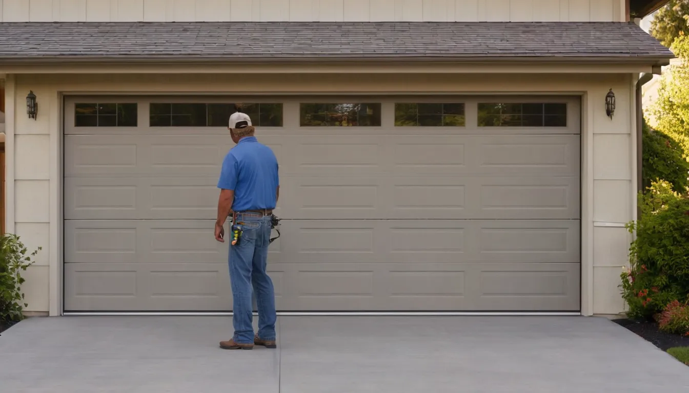 A friendly installer finishing a new garage door on a home in Salem Lakes
